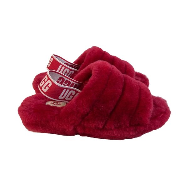UGG Kids Fluff Yeah Red Fuax Fur Slide Slippers Sz 6 - Picture 5 of 7